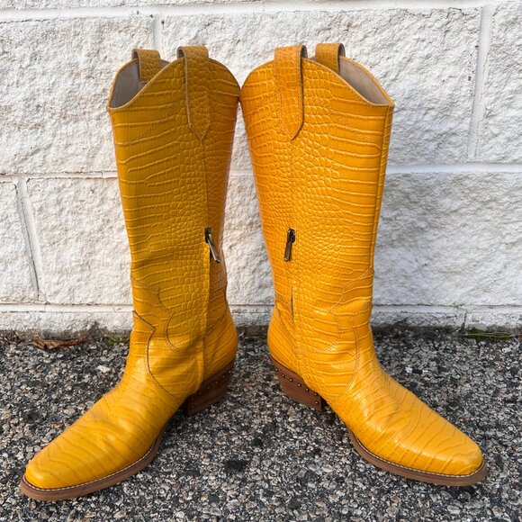 Sam Edelman Oakland Yellow Crocodile Embossed Leather Cowboy Boots Size 9 - Picture 8 of 10
